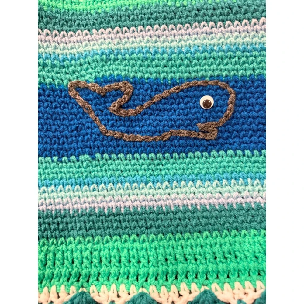 VTG Handknit Crochet Afghan Whale Blanket Kids Blue Green Cozy XL Throw 132